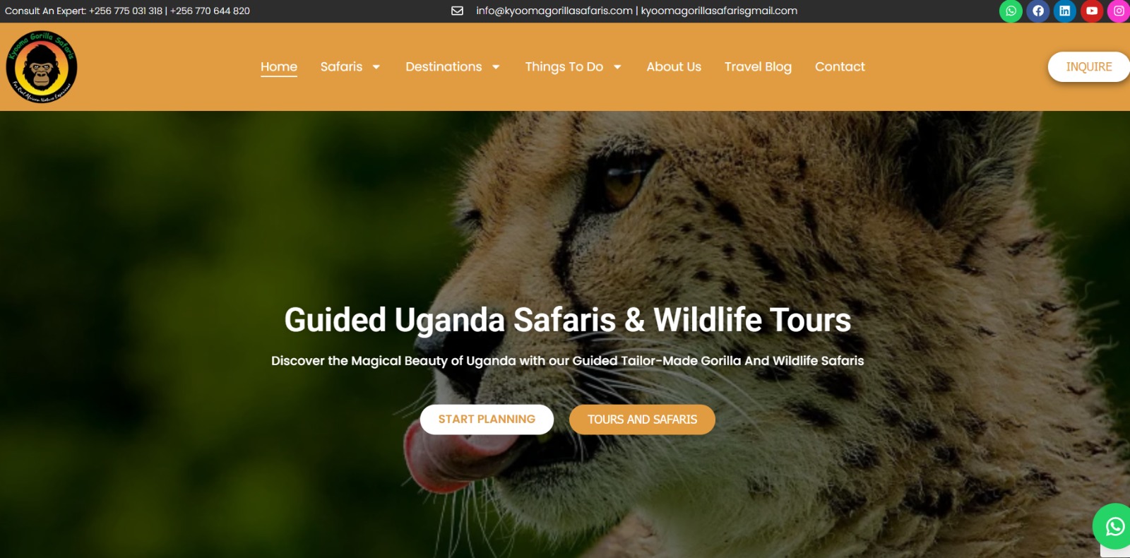 Kyooma Gorilla Safaris website screenshot