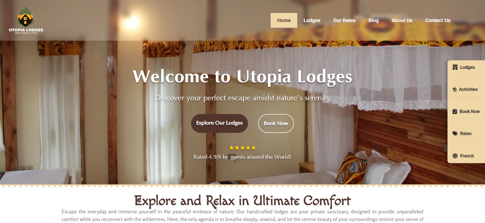 Utopia Lodges website screenshot